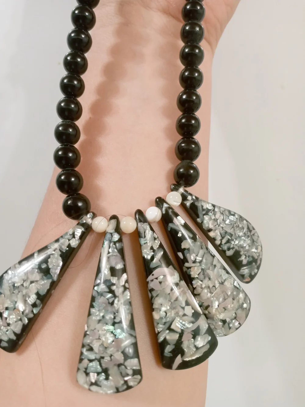 Vintage Black Beaded Statement Necklace with Shell Inlay Accents